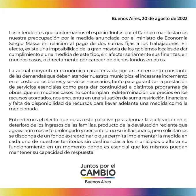 comunicado de intendentes de Juntos